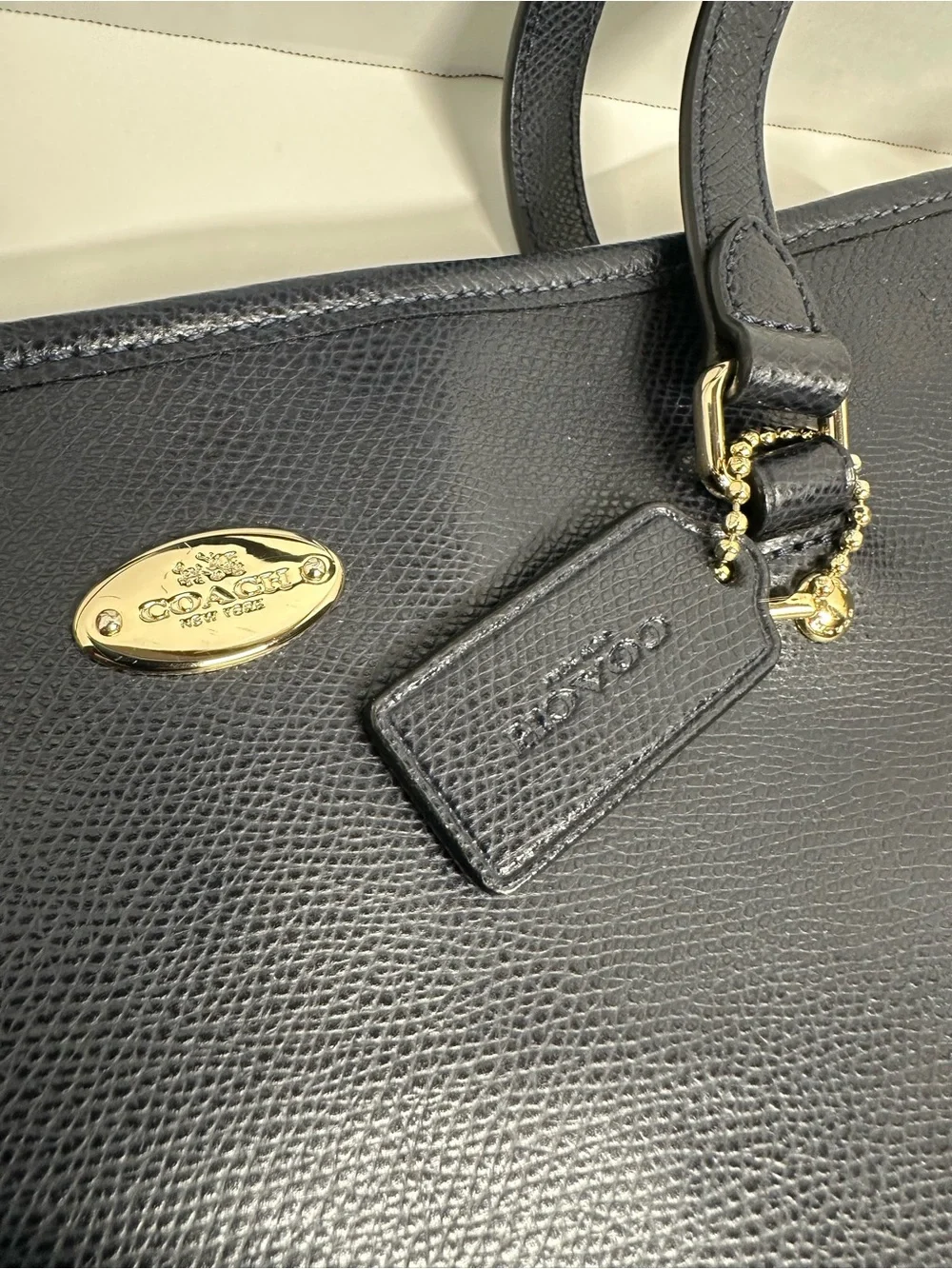Coach Navy Pebbled Leather Tote with Tag and Gold Accent